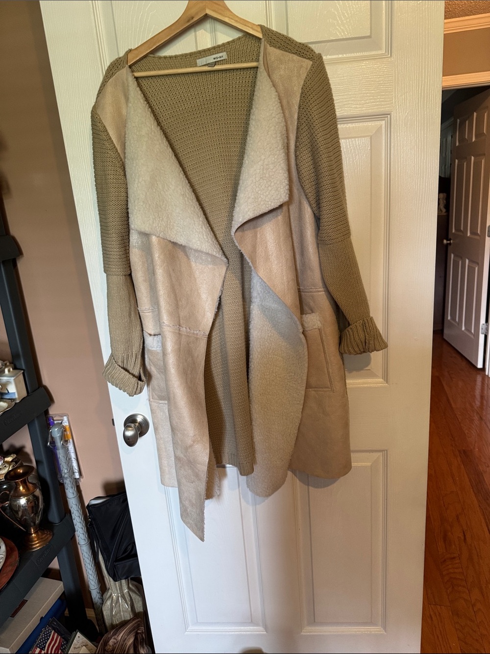 Taupe Knit & Faux-Shearling Open Front Coatigan
